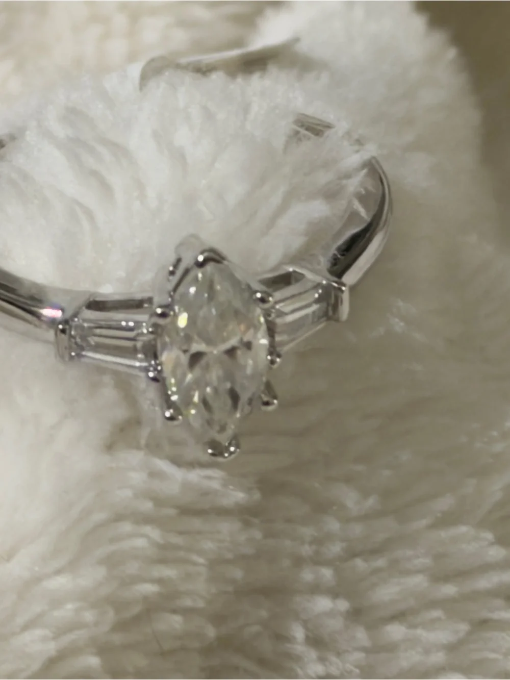 Moissanite Marquise-Cut Silver Engagement Ring with Tapered Baguette Accents